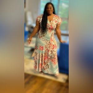 Light turquoise/Light green with pink flowers prom dress. Size 18.